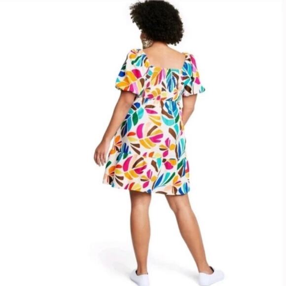 Tabitha Brown Linen Blend Botanical Smocked Puff Sleeve Tiered Dress Size Medium - Picture 10 of 14